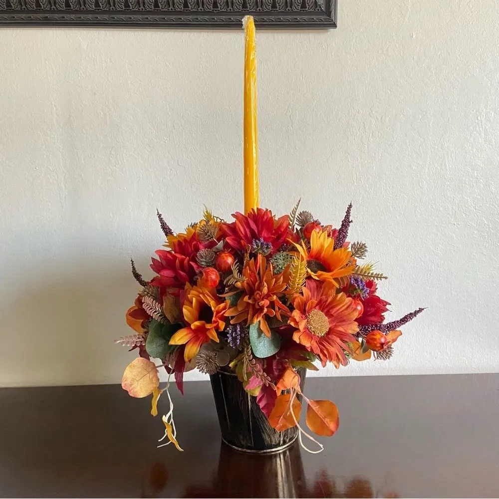 Faux Floral Candle Centerpiece With Sunflowers/Mums